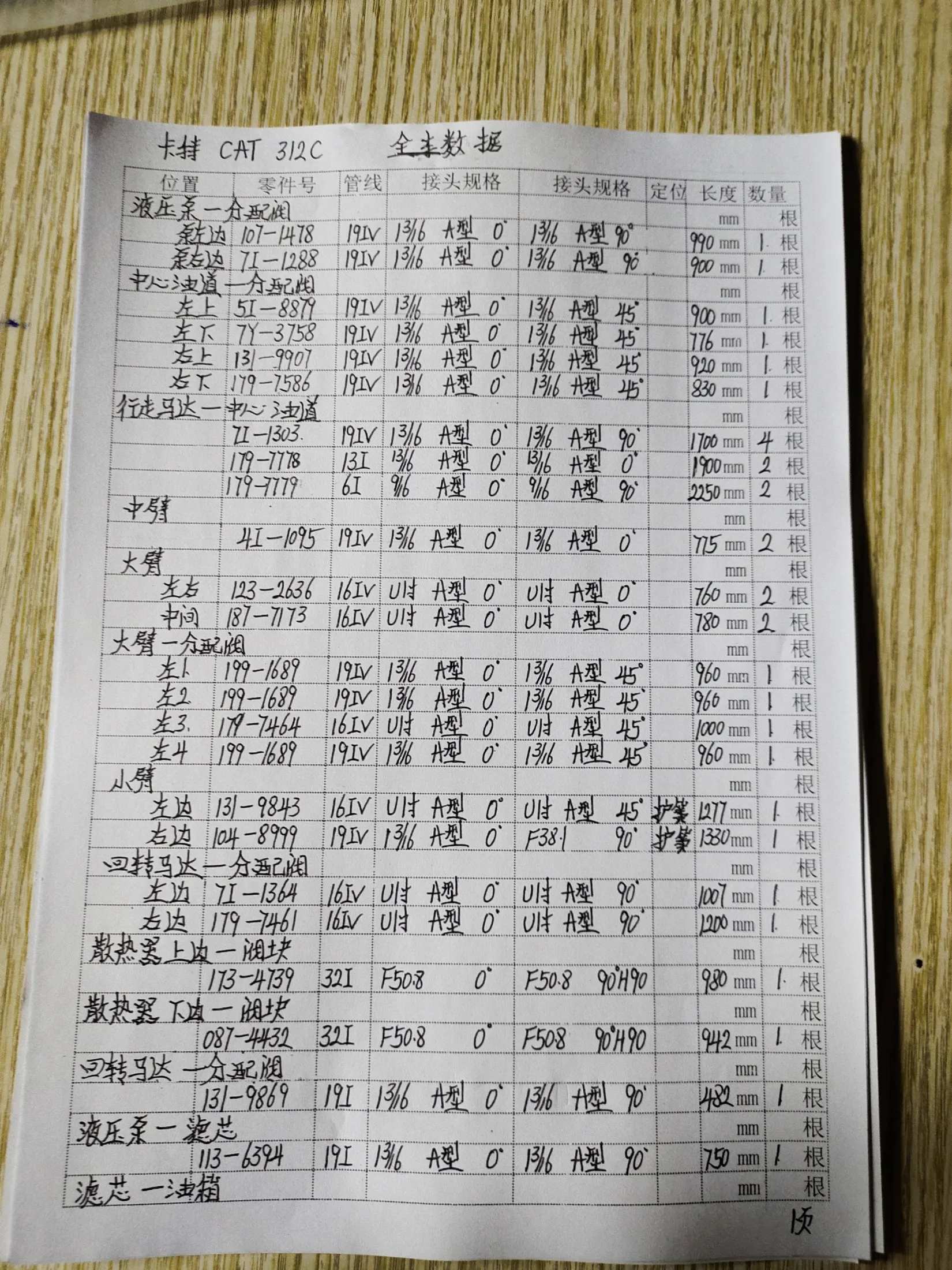 Caterpillar 312C hydraulic hose part numbers and recorded lengths — technician notebook page 1 of 6 — recorded hose parts 4I-1095, 5I-8879, 7I-1364