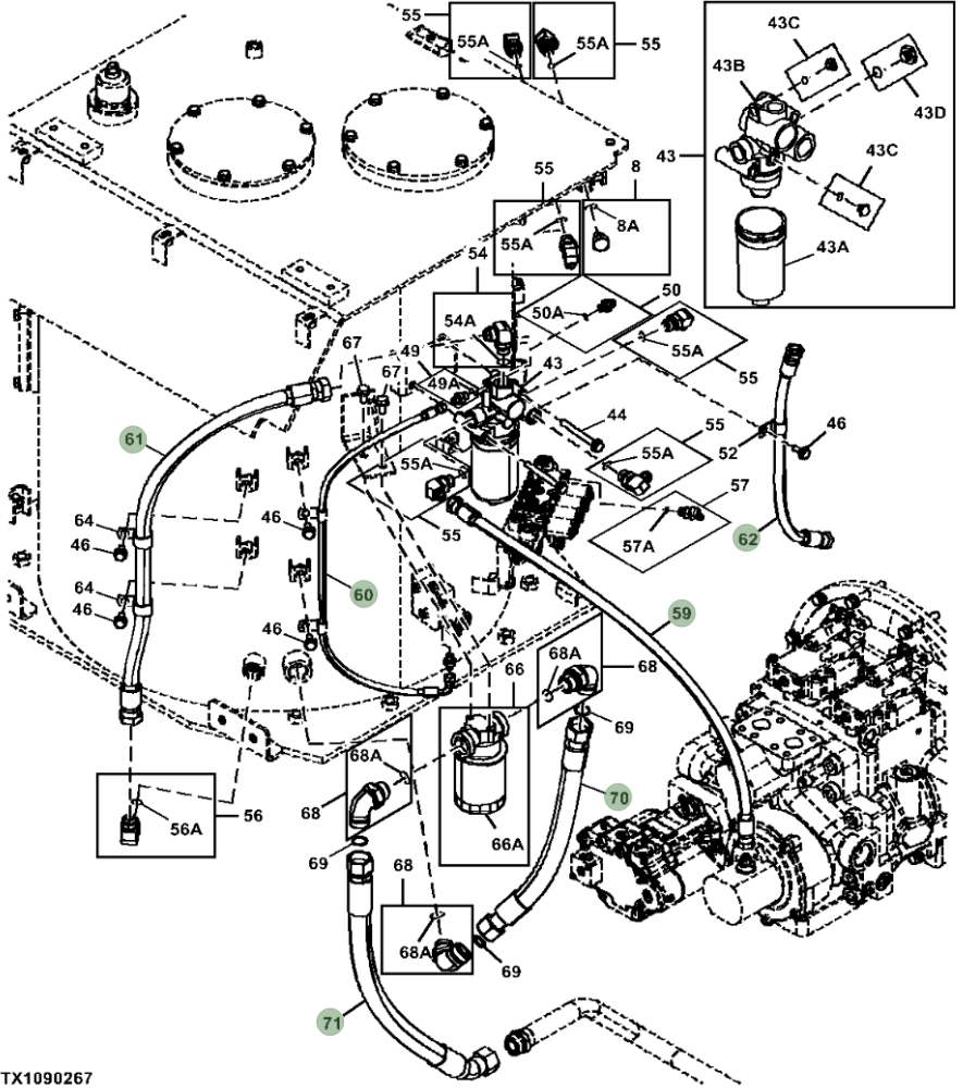 Hitachi ZX470LC-5B installation diagram showing hydraulic hose 4700645 at Pipe No. 71
