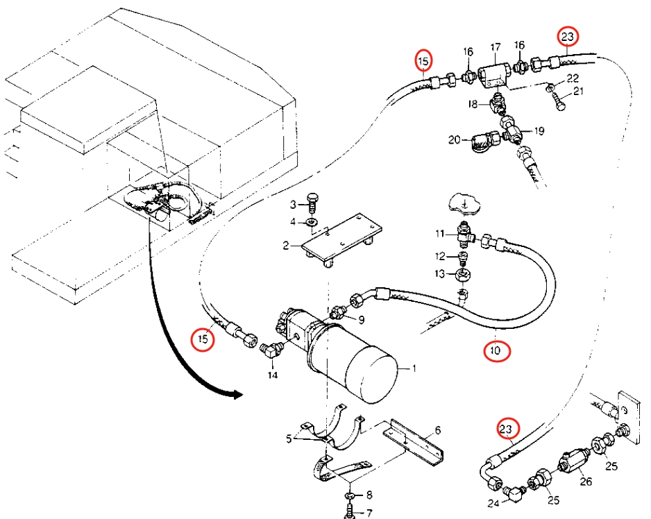Caterpillar CAT®214B FT installation diagram showing hydraulic hose 8U-2993 at Pipe No. 15