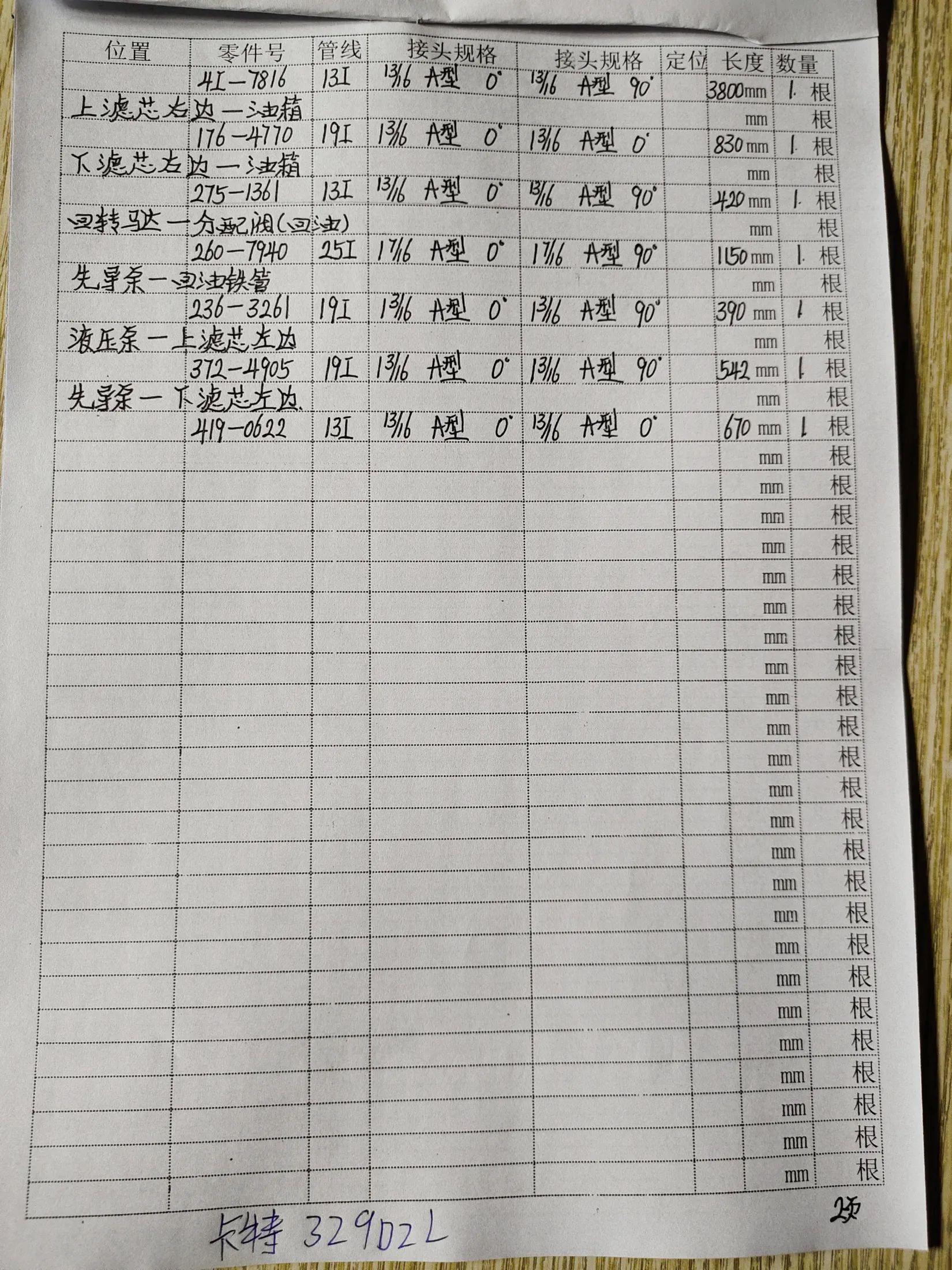 Caterpillar 329D2L hydraulic hose part numbers and recorded lengths — technician notebook page 2 of 5