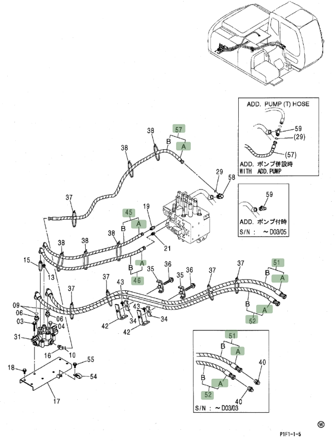 Hitachi ZX160LC installation diagram showing hydraulic hose 4311809 at Pipe No. 57A