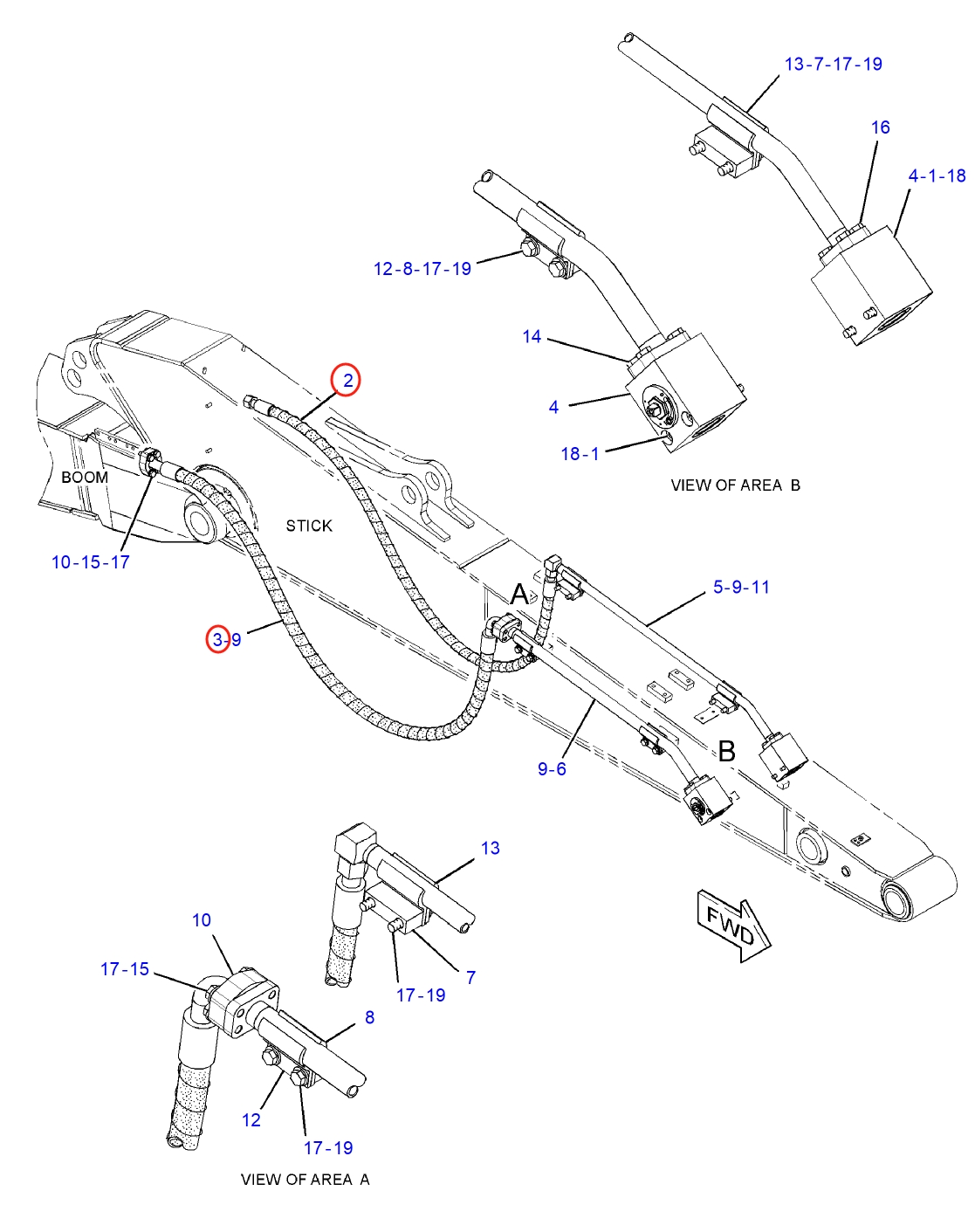 Caterpillar CAT®314F CR installation diagram showing hydraulic hose 241-5149 at Pipe No. 2