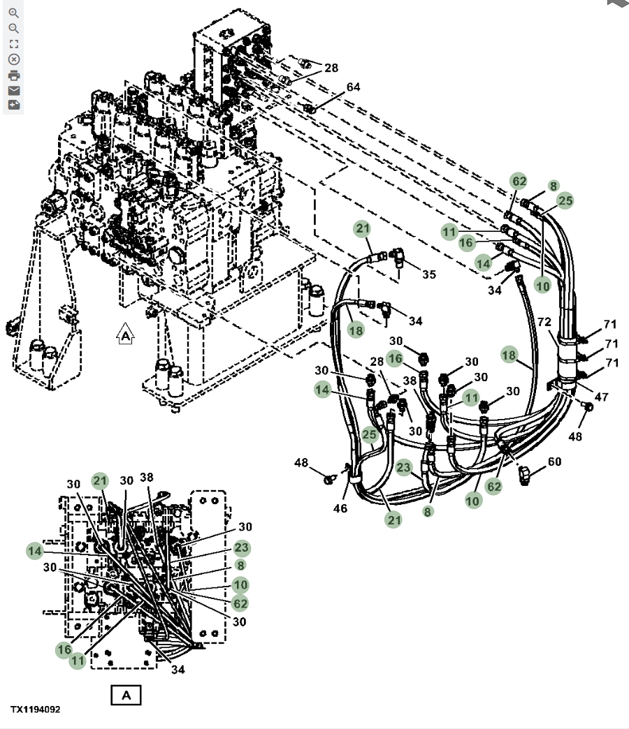 Hitachi ZX670LC-6 installation diagram showing hydraulic hose 4710439 at Pipe No. 62