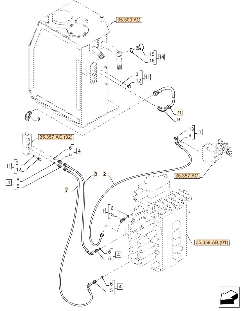 Case CX350D NLC installation diagram showing hydraulic hose KHJ2239 at Pipe No. 8