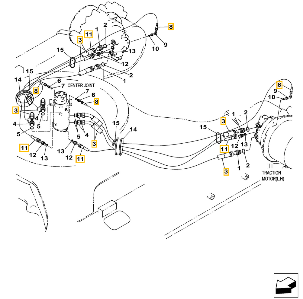 Case CX240C-8 installation diagram showing hydraulic hose 152435A1 at Pipe No. 11