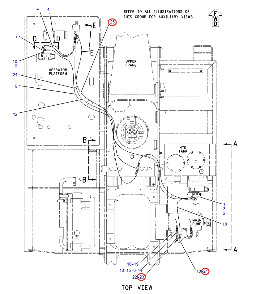 Caterpillar CAT®317-A N installation diagram showing hydraulic hose 4I-1410 at Pipe No. 21