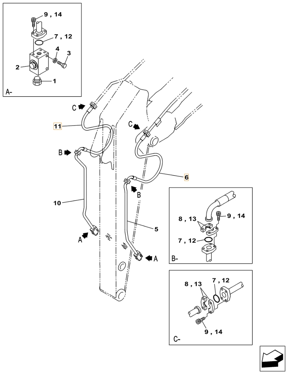 Case CX490C LC installation diagram showing hydraulic hose KBV15980 at Pipe No. 11