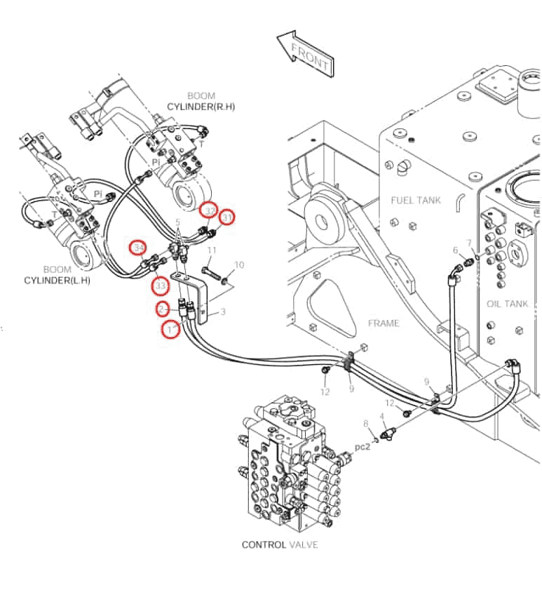 Doosan DX160LC installation diagram showing hydraulic hose DS2093136 at Pipe No. 2