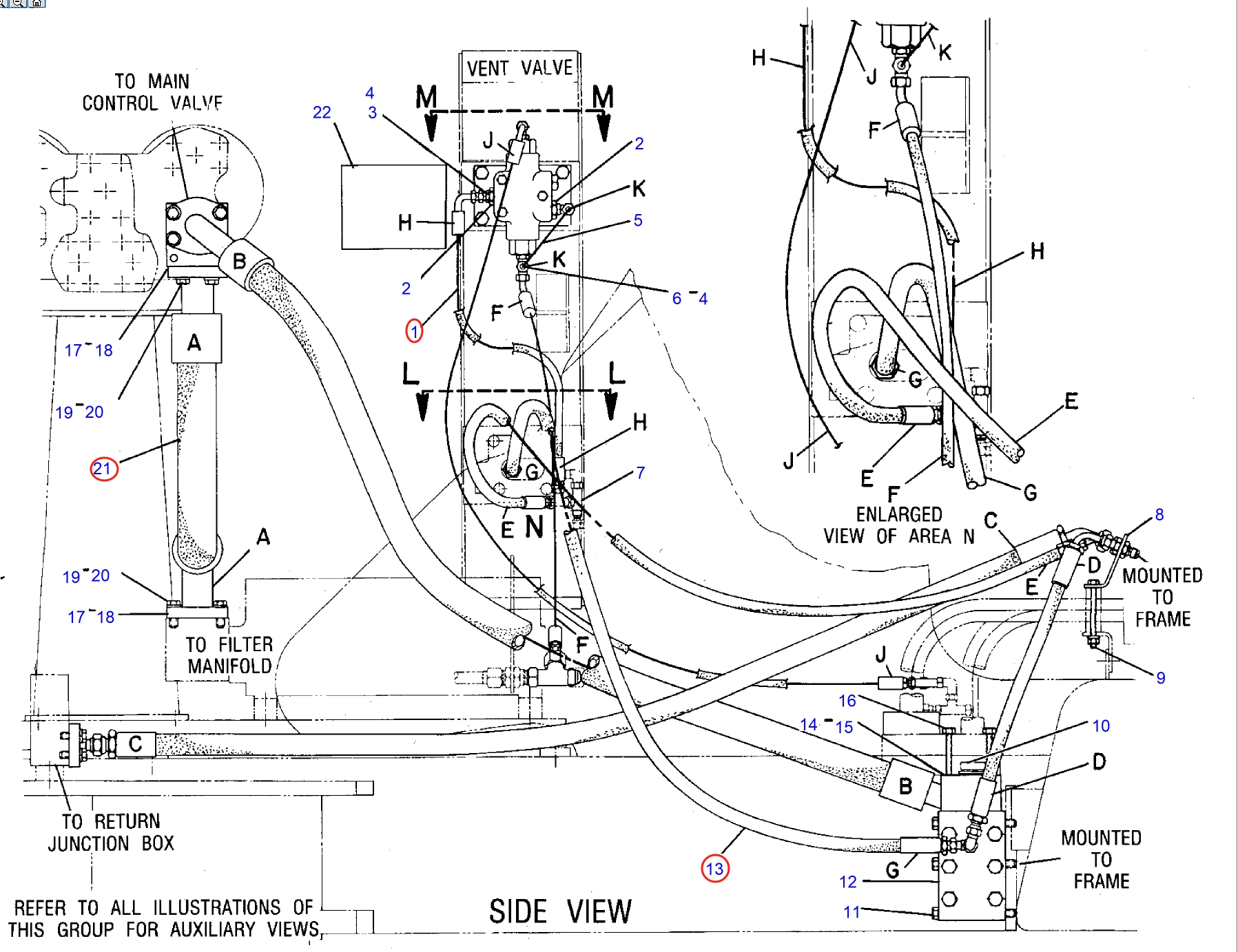 Caterpillar CAT®245B installation diagram showing hydraulic hose 8V-8233 at Pipe No. 13