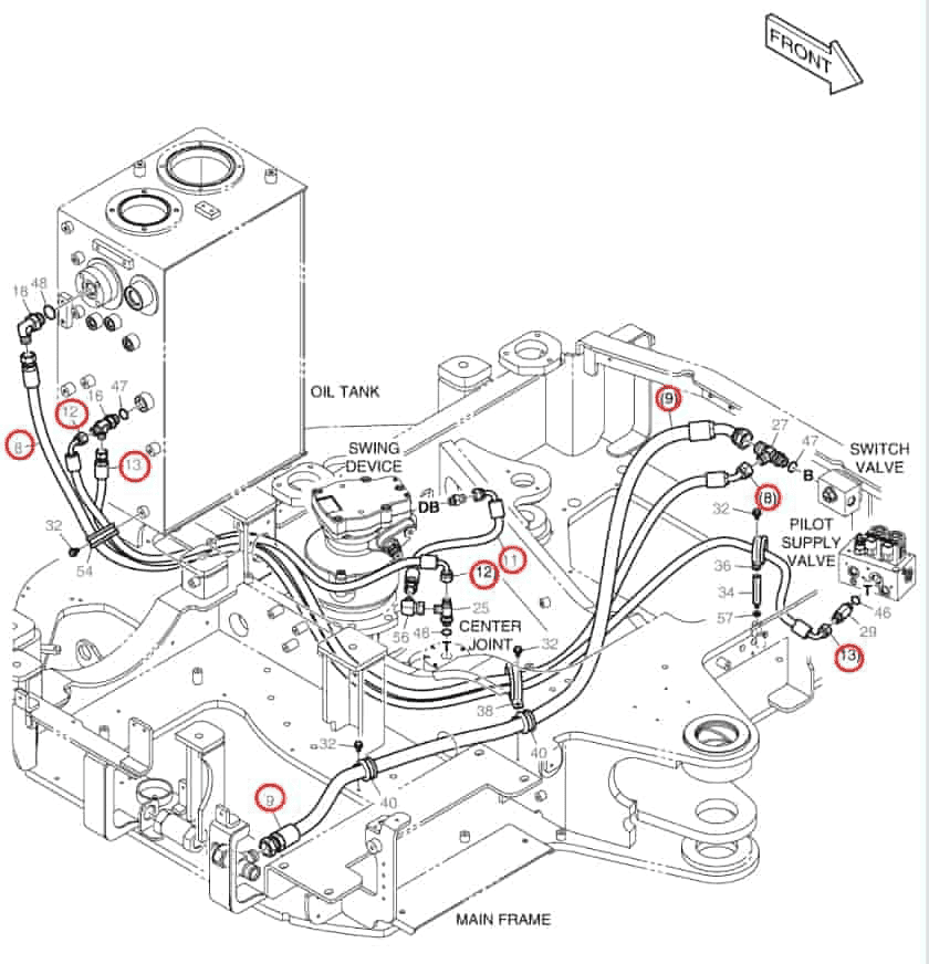 Doosan DX62R-3 installation diagram showing hydraulic hose DS2054531 at Pipe No. 8