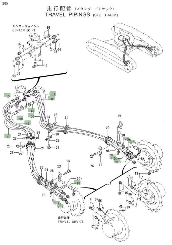 Hitachi EX300LC-3C installation diagram showing hydraulic hose 4269812 at Pipe No. 15