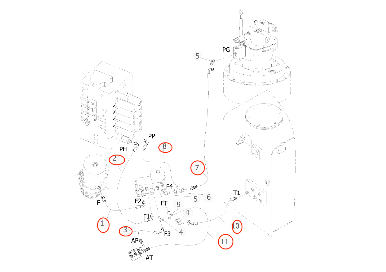 Sunward SWE150E installation diagram showing hydraulic hose 730501005433 at Pipe No. 3