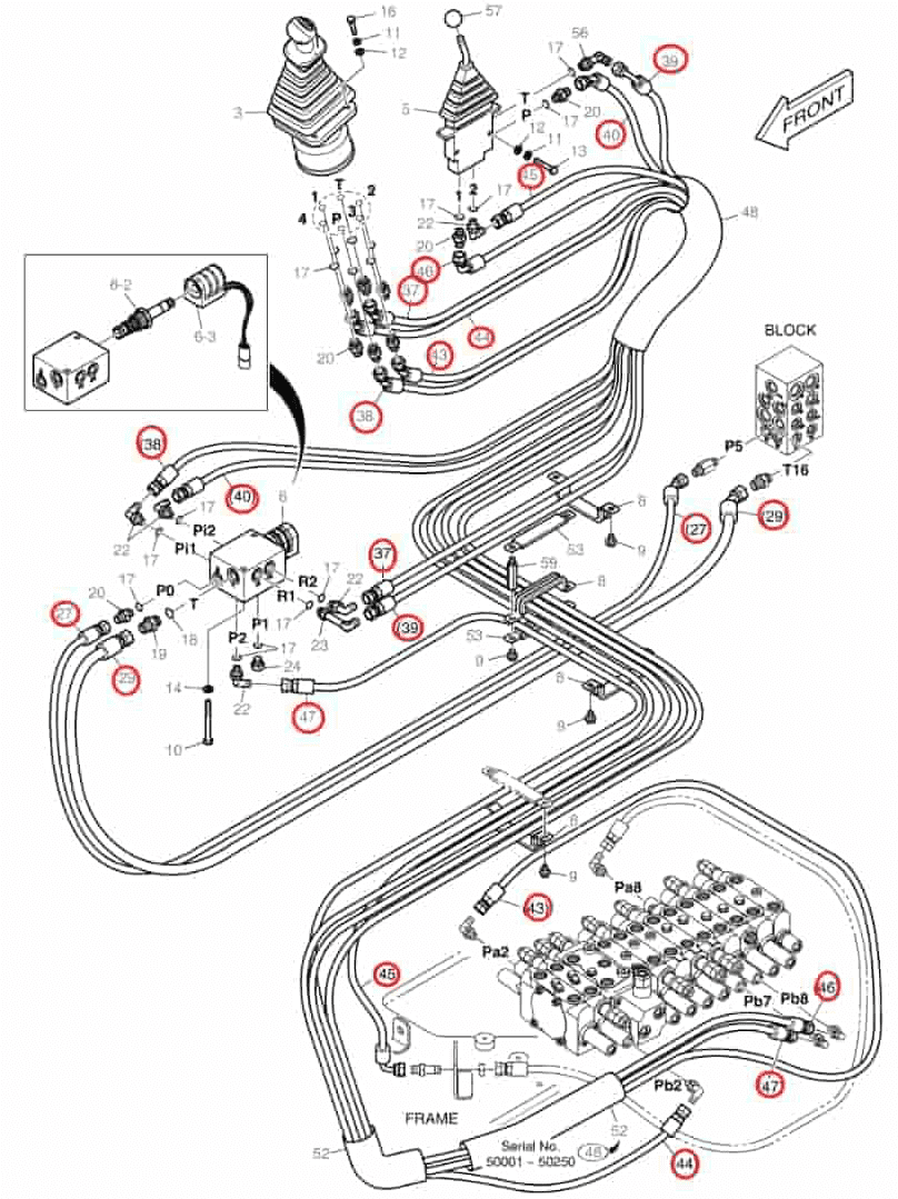 Doosan DX60R installation diagram showing hydraulic hose DS2092087 at Pipe No. 44