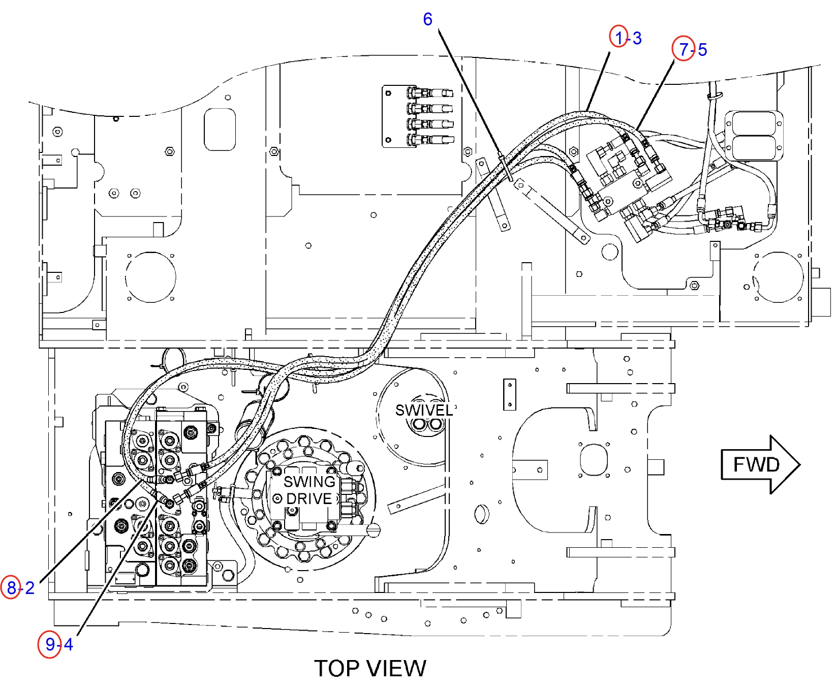 Caterpillar CAT®312E L installation diagram showing hydraulic hose 302-9635 at Pipe No. 7