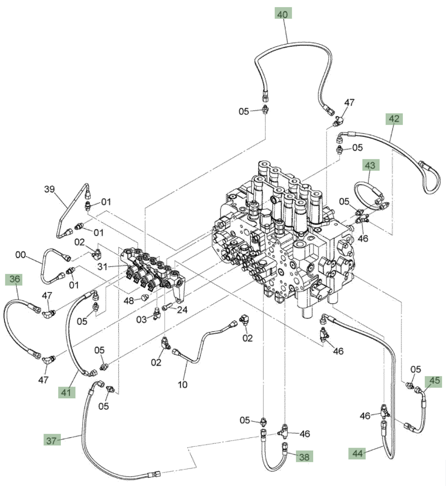 Hitachi ZX210W-3 installation diagram showing hydraulic hose 4643029 at Pipe No. 41