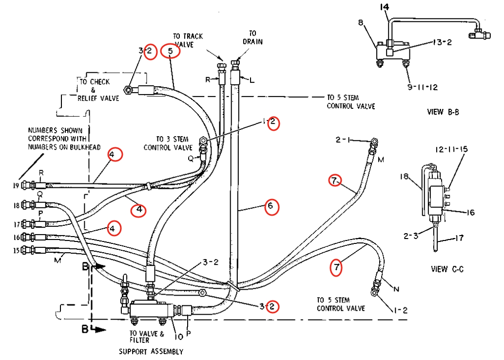 Caterpillar CAT®225B installation diagram showing hydraulic hose 8K-0800 at Pipe No. 6