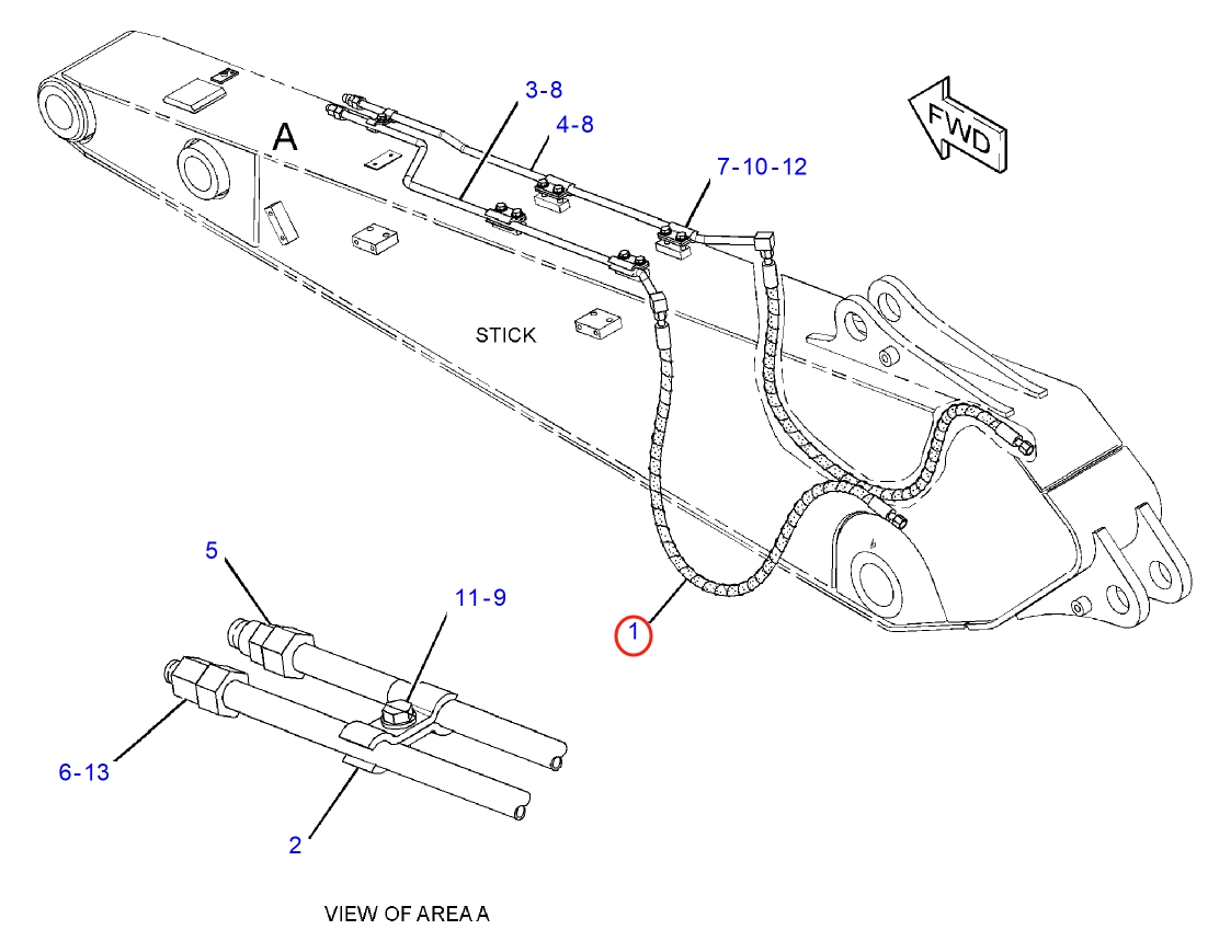 Caterpillar CAT®318E L installation diagram showing hydraulic hose 177-8407 at Pipe No. 1