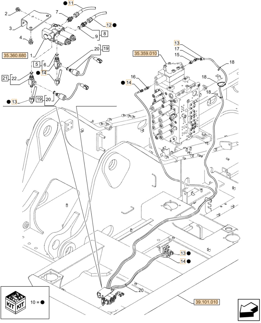 Case CX210D LC installation diagram showing hydraulic hose KHJ2089 at Pipe No. 11