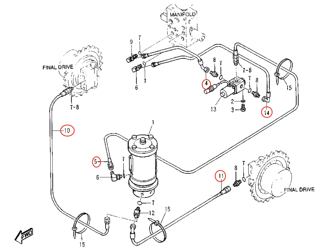Caterpillar CAT®307-A installation diagram showing hydraulic hose 108-7291 at Pipe No. 10