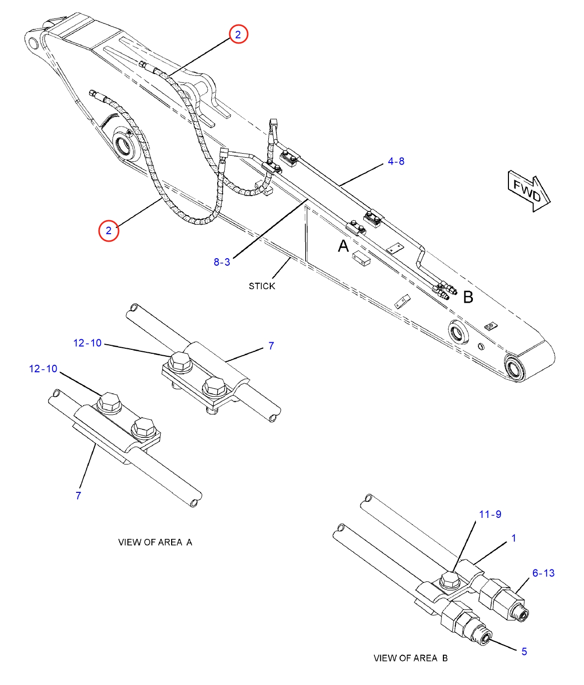 Caterpillar CAT®312E installation diagram showing hydraulic hose 277-1251 at Pipe No. 2