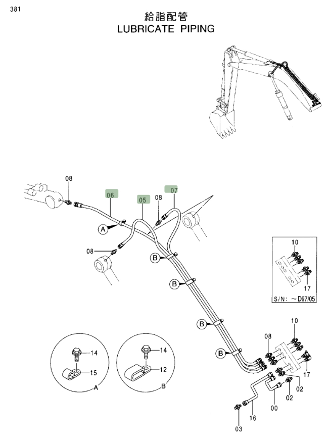 Hitachi EX120-5 installation diagram showing hydraulic hose 4260316 at Pipe No. 6