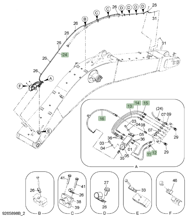 Hitachi ZX650LC-3 installation diagram showing hydraulic hose 4610840 at Pipe No. 14