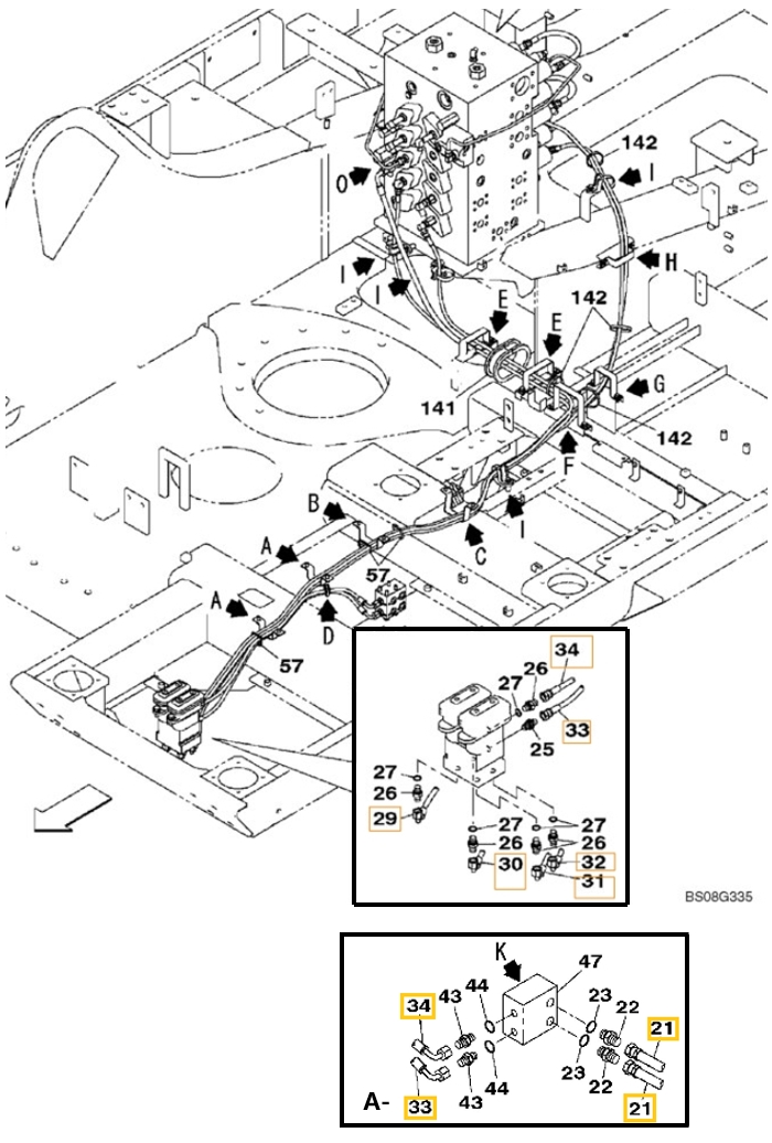 Case CX470B installation diagram showing hydraulic hose KHJ2249 at Pipe No. 33