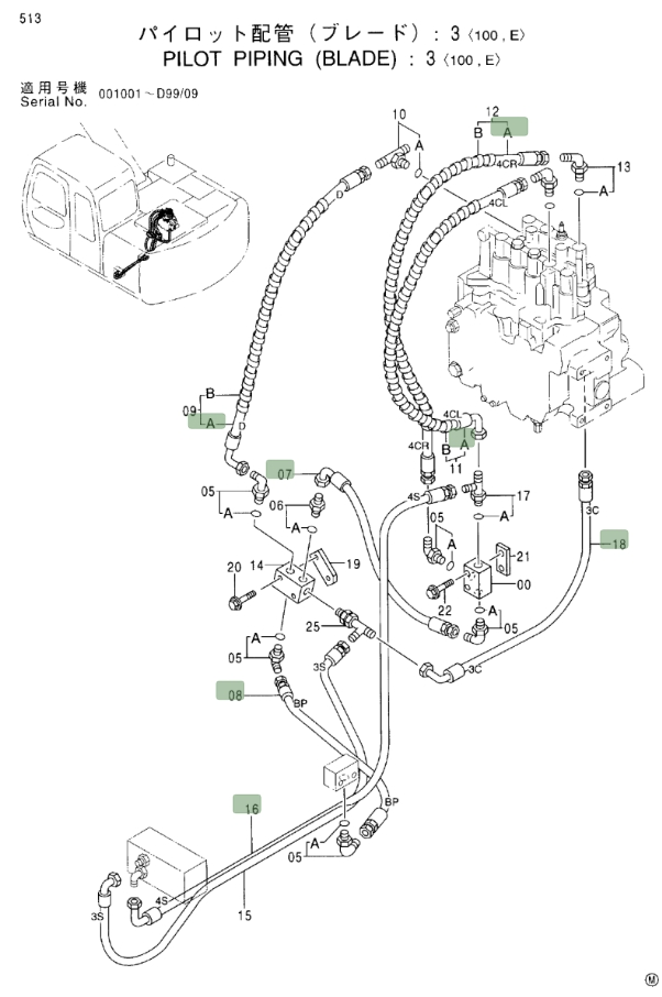 Hitachi EX100M-5 installation diagram showing hydraulic hose 4375673 at Pipe No. 8