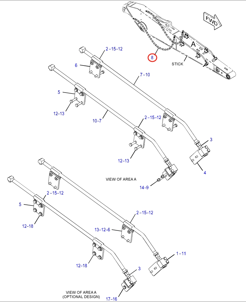 Caterpillar CAT®315F LCR installation diagram showing hydraulic hose 372-9809 at Pipe No. 8
