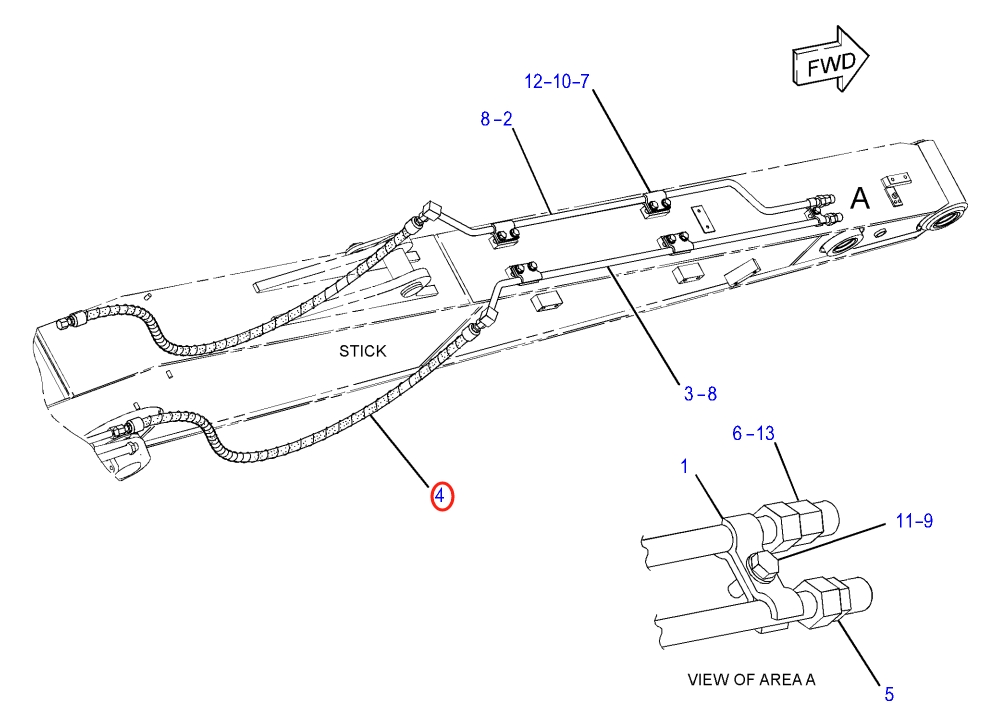 Caterpillar CAT®315F LCR installation diagram showing hydraulic hose 363-2569 at Pipe No. 4