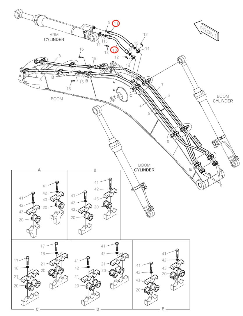 Doosan DX150LC installation diagram showing hydraulic hose DS20401214 at Pipe No. 10