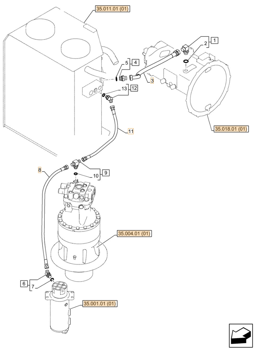 Case CX210C LC installation diagram showing hydraulic hose KHJ11140 at Pipe No. 11