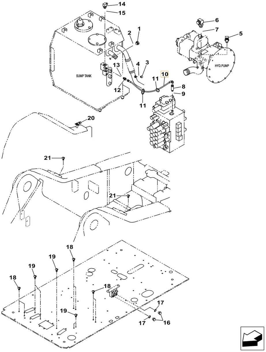 Case CX350C-8 installation diagram showing hydraulic hose KHJ2249 at Pipe No. 10