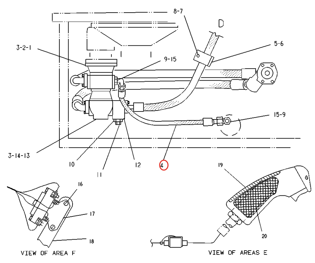 Caterpillar CAT®225B installation diagram showing hydraulic hose 6W-4640 at Pipe No. 4
