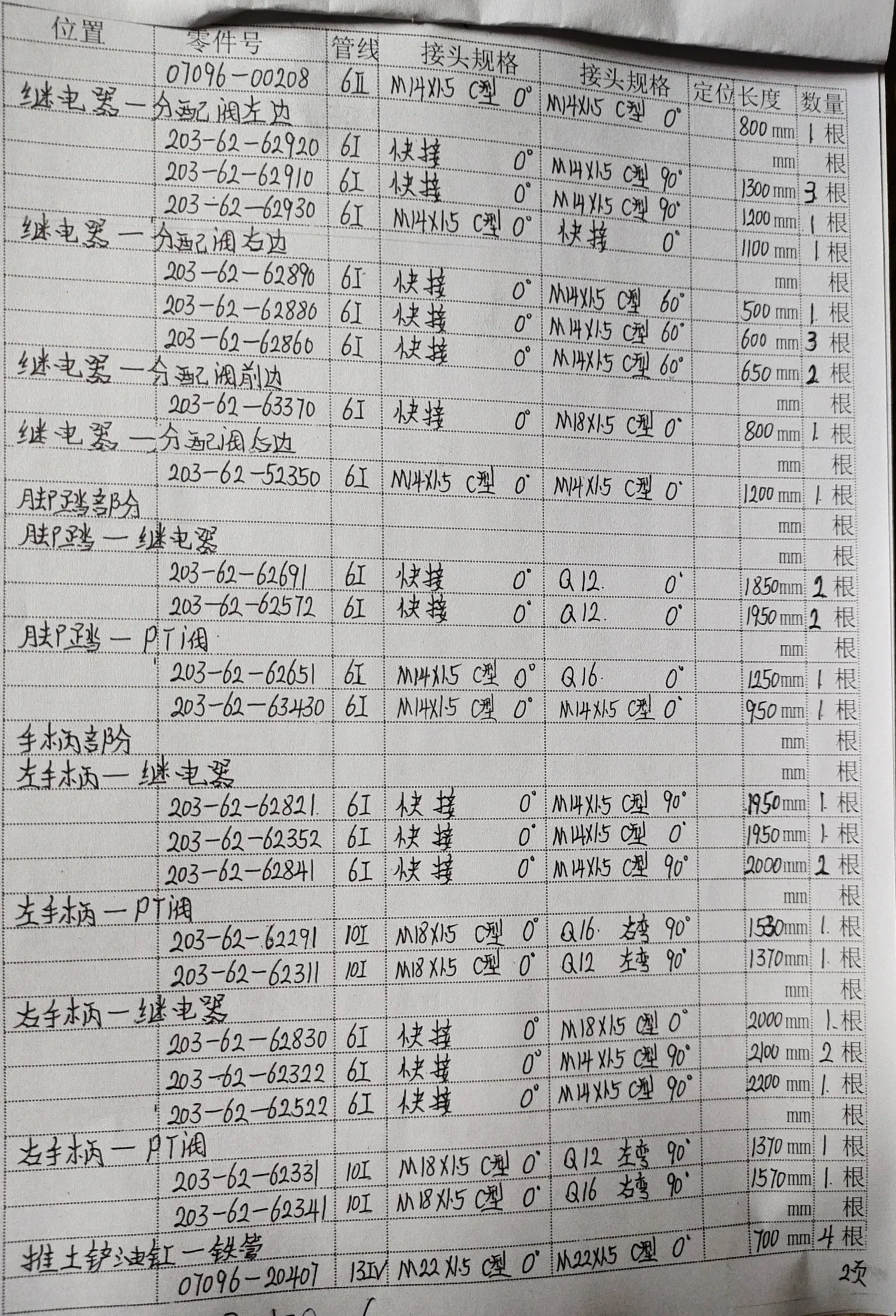 Komatsu PC120-6 hydraulic hose part numbers and recorded lengths — technician notebook page 2 of 4