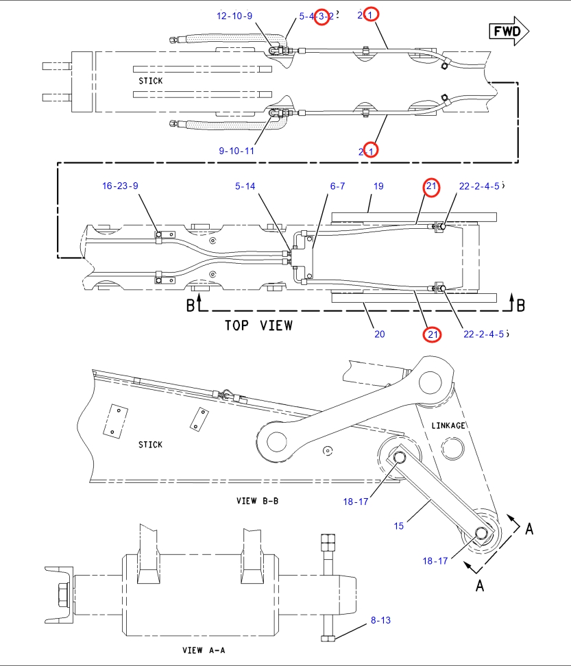 Caterpillar CAT®317B LN installation diagram showing hydraulic hose 153-9856 at Pipe No. 1