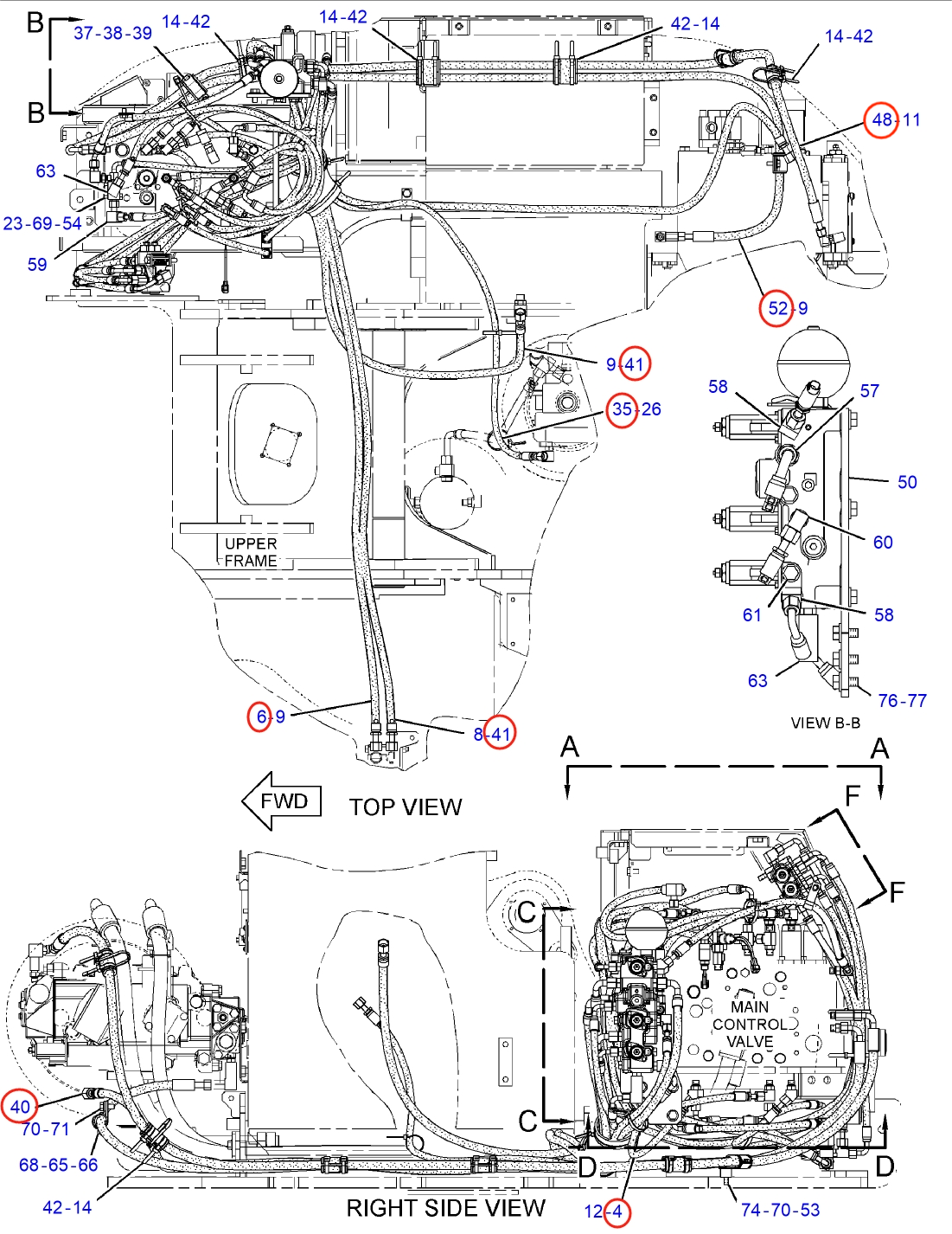 Caterpillar CAT®314D LCR installation diagram showing hydraulic hose 221-4807 at Pipe No. 35