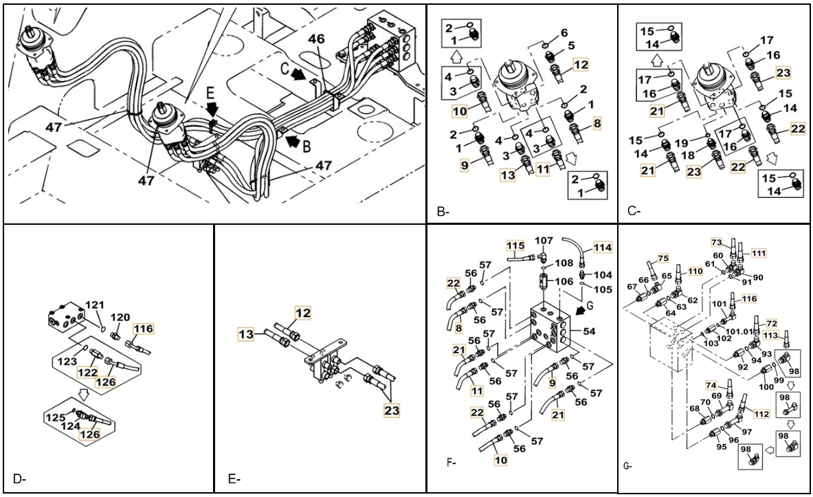 Case CX130C W/B installation diagram showing hydraulic hose KHJ2088 at Pipe No. 115