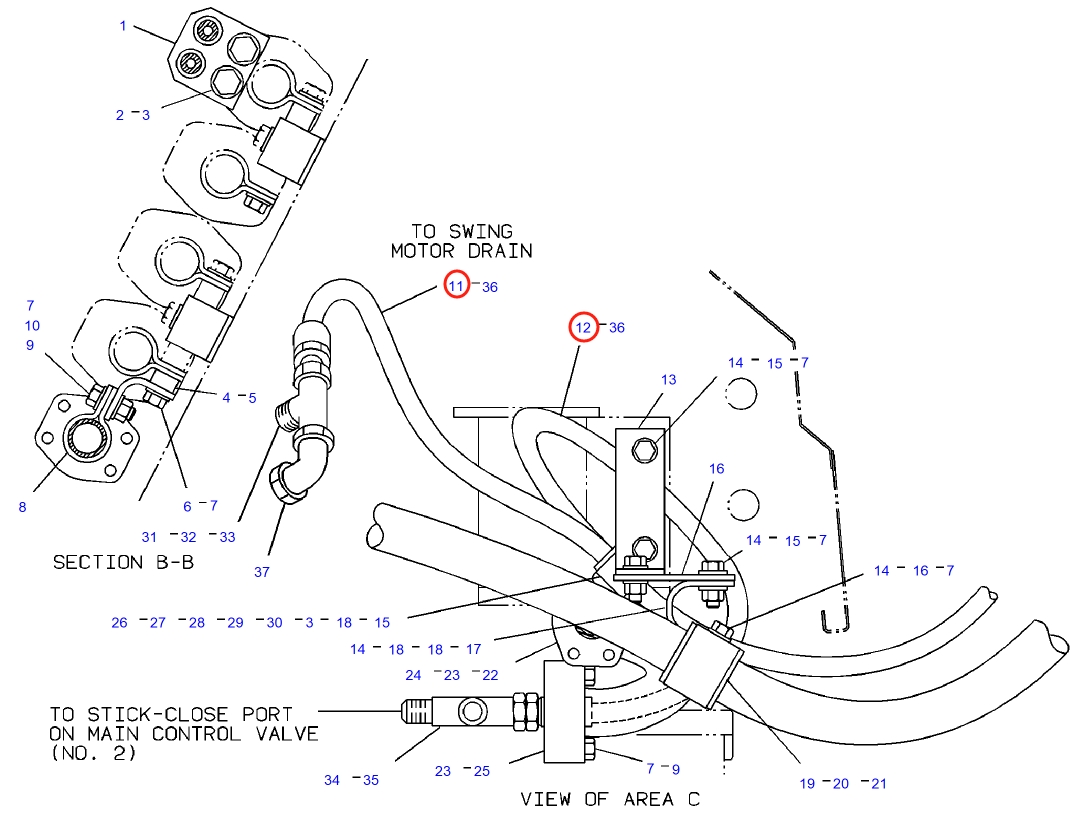 Caterpillar CAT®235B installation diagram showing hydraulic hose 2P-7958 at Pipe No. 12
