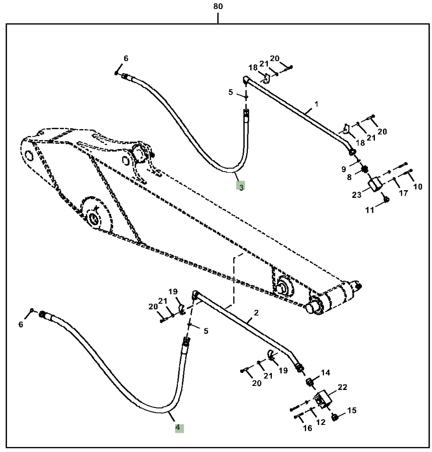 Hitachi ZX380LC-5N installation diagram showing hydraulic hose 4648997 at Pipe No. 4