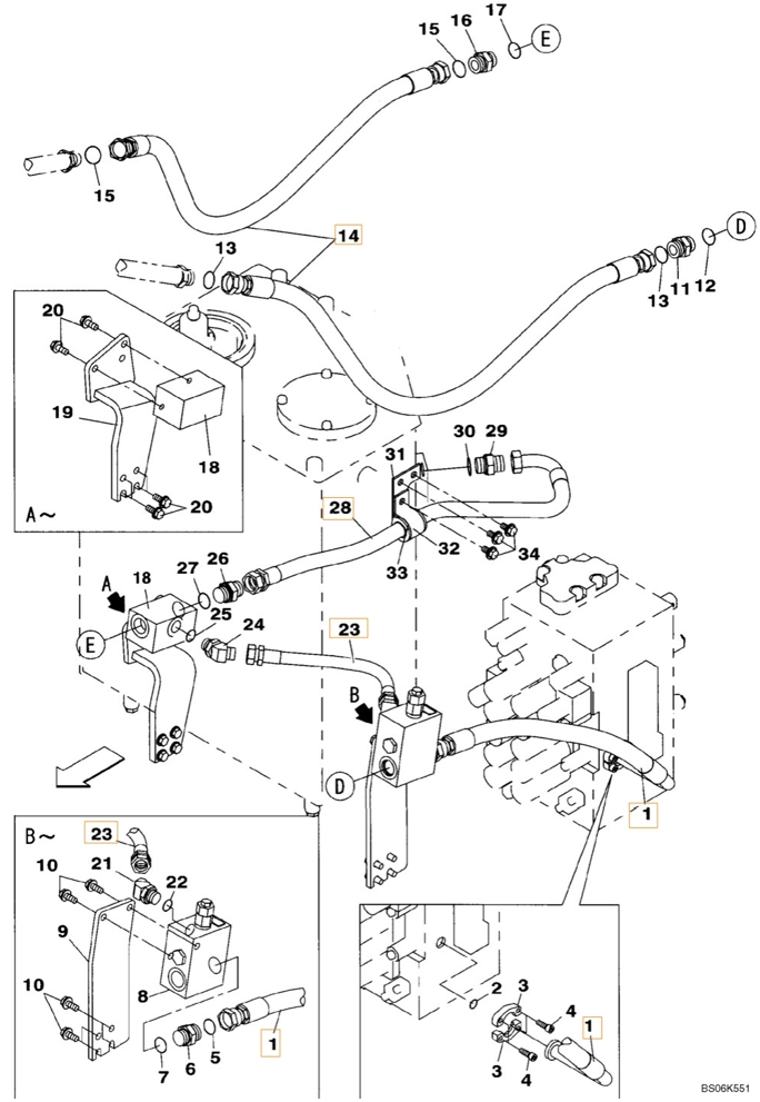 Case CX240B installation diagram showing hydraulic hose KRJ11540 at Pipe No. 23