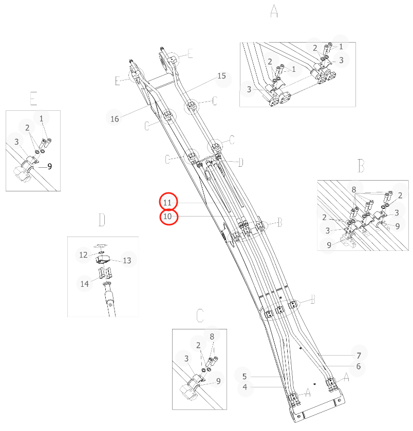 Sunward SWE135E-3H installation diagram showing hydraulic hose 730501005407 at Pipe No. 10