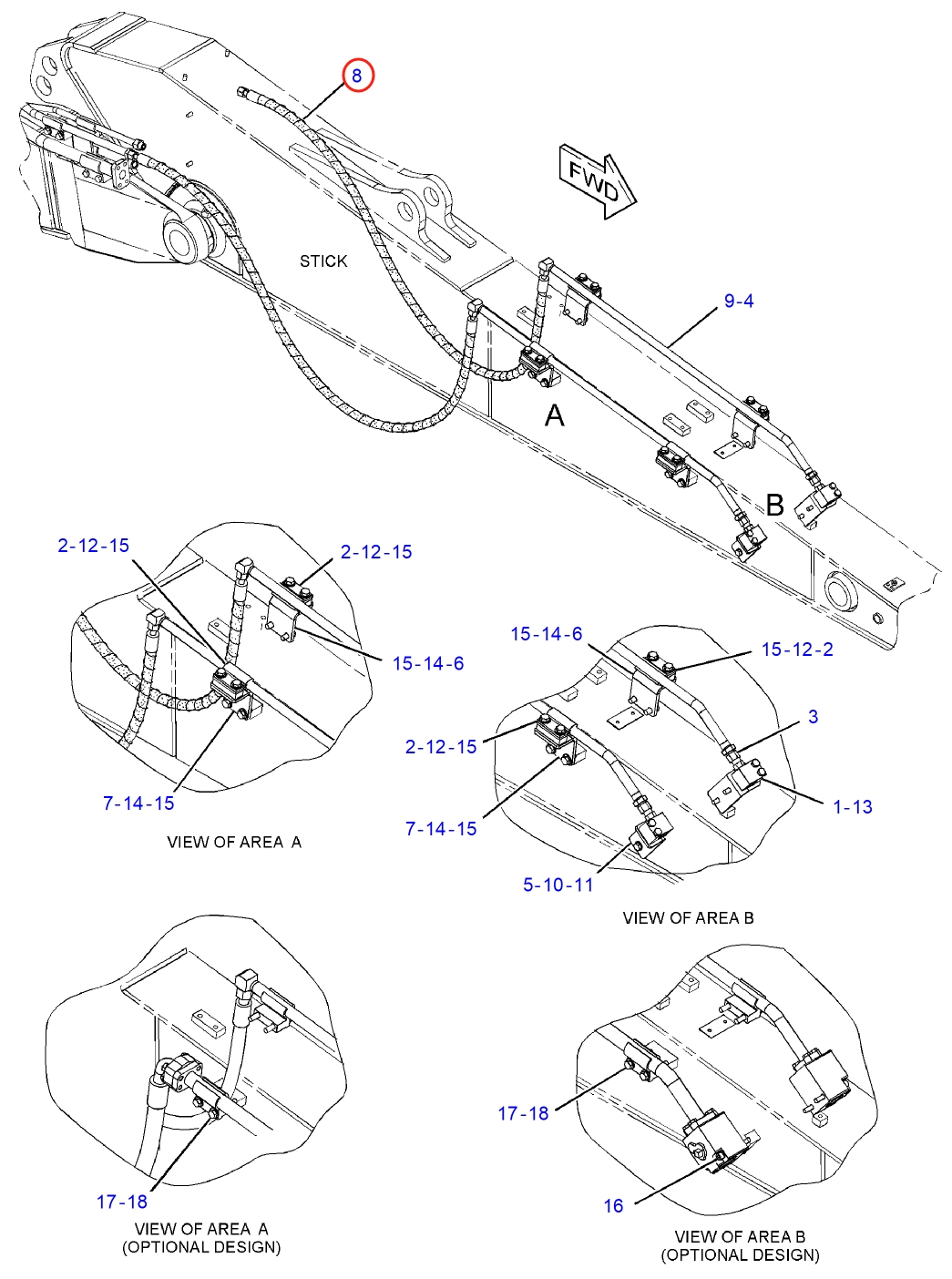 Caterpillar CAT®314D LCR installation diagram showing hydraulic hose 288-7709 at Pipe No. 8