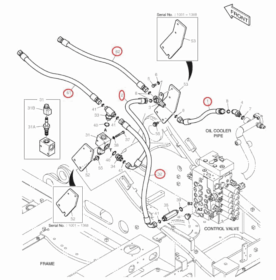 Doosan DX140W-3 installation diagram showing hydraulic hose DS2011962 at Pipe No. 62