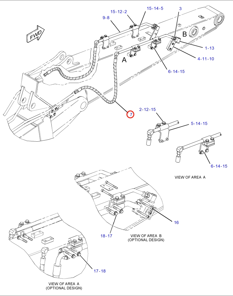 Caterpillar CAT®315F LCR installation diagram showing hydraulic hose 372-9837 at Pipe No. 7