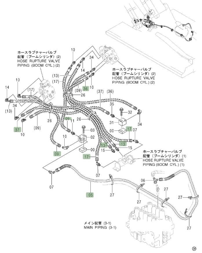 Hitachi ZX600LC installation diagram showing hydraulic hose 4322514 at Pipe No. 17