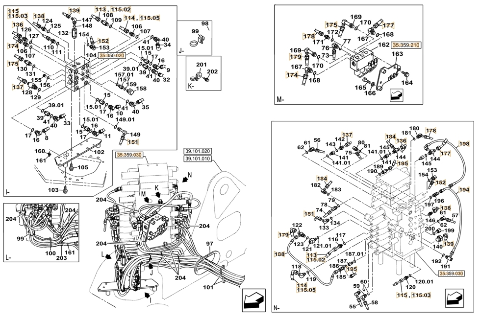 Case CX145C SR installation diagram showing hydraulic hose KHJ2272 at Pipe No. 174