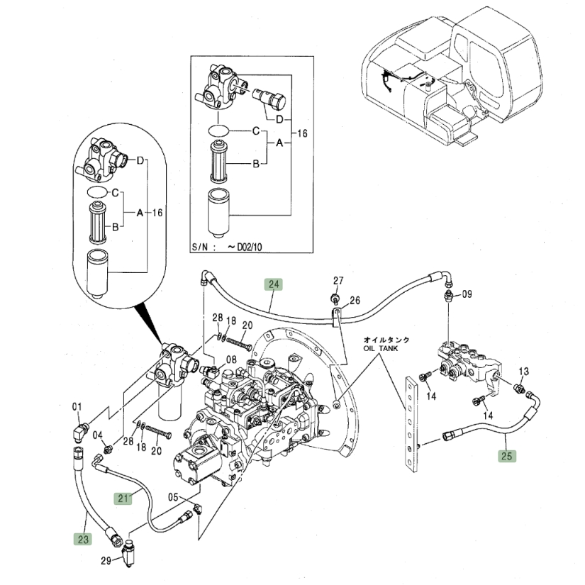 Hitachi ZX120 installation diagram showing hydraulic hose 4437927 at Pipe No. 23