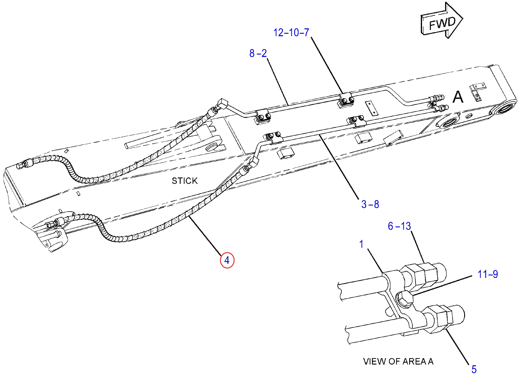 Caterpillar CAT®313F L installation diagram showing hydraulic hose 363-2569 at Pipe No. 4