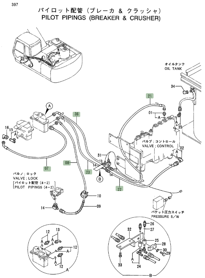 Hitachi EX200LC-3 installation diagram showing hydraulic hose 4311183 at Pipe No. 36